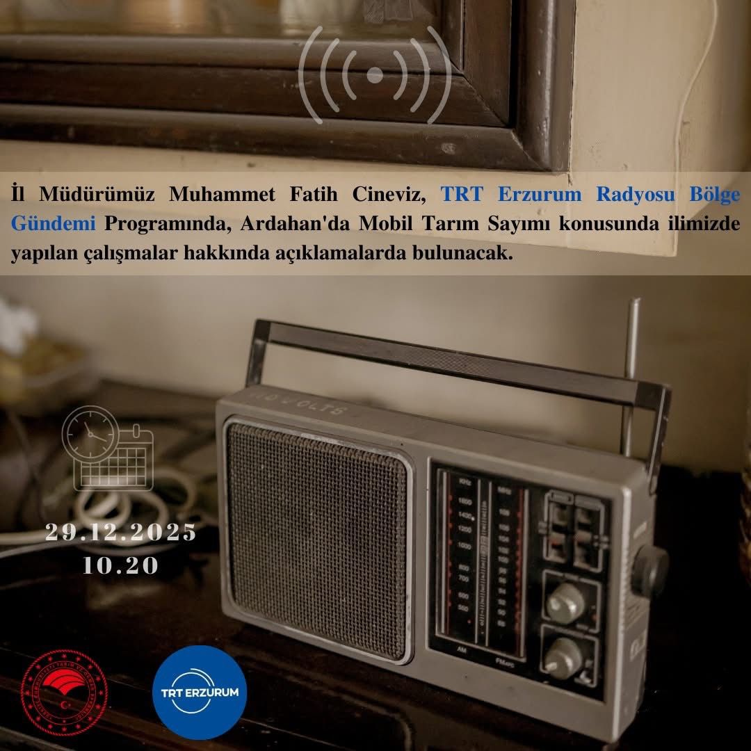 İl Müdürümüz Muhammet Fatih Cineviz, TRT Erzurum Radyosu Bölge Gündemi Programında, Ardahan'da Mobil Tarım Sayımı konusunda ilimizde yapılan çalışmalar hakkında açıklamalarda bulunacak. 