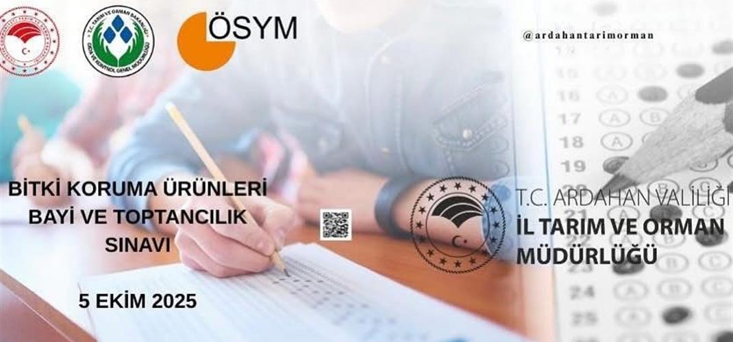“2025 Tarım ve Orman Bakanlığı Bitki Koruma Ürünleri Bayi ve Toptancılık Yazılı Sınavı (2025-BKUBTS)” Ölçme, Seçme ve Yerleştirme Merkezi Başkanlığı (ÖSYM) tarafından 05 Ekim 2025 tarihinde ÖSYM tarafından belirlenecek sınav merkezlerinde yapılacaktır.