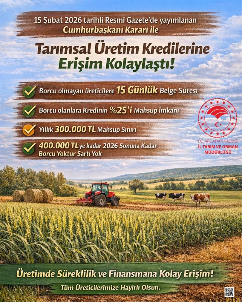 15 Şubat 2026 tarihli Resmî Gazete’de yayımlanan Cumhurbaşkanı Kararı ile Hazine faiz destekli tarımsal üretim kredisine erişimi kolaylaştırıcı düzenlemeler yapılmıştır.