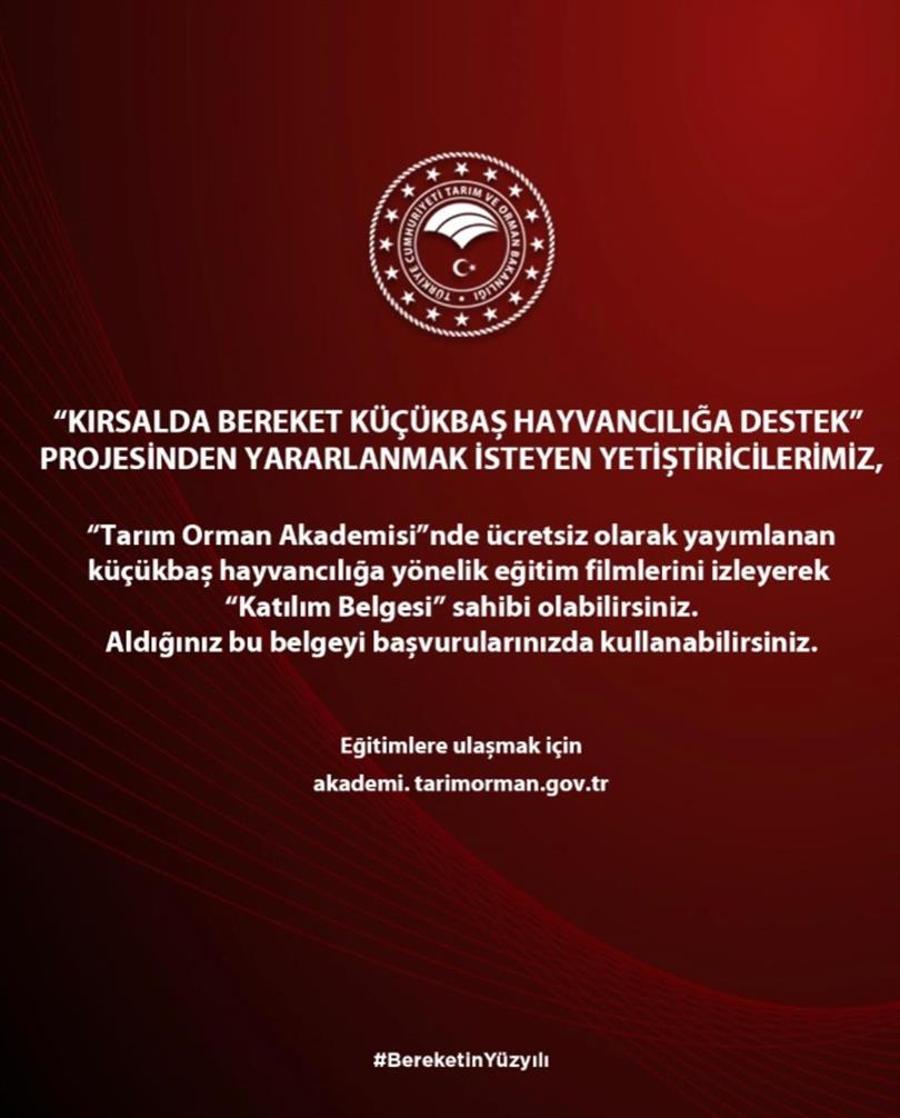 Kırsalda Bereket, Hayvancılığa Destek Projesi’nden yararlanmak isteyen değerli yetiştiricilerimiz yayımlanan eğitimlere akademi.tarimorman.gov.tr üzerinden ücretsiz olarak ulaşabilirsiniz!